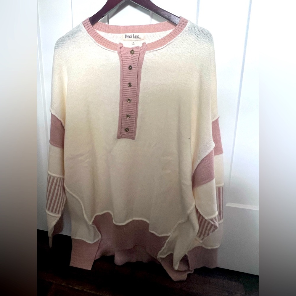 Peach Love California Pink and Cream Button-Up Sweater Medium